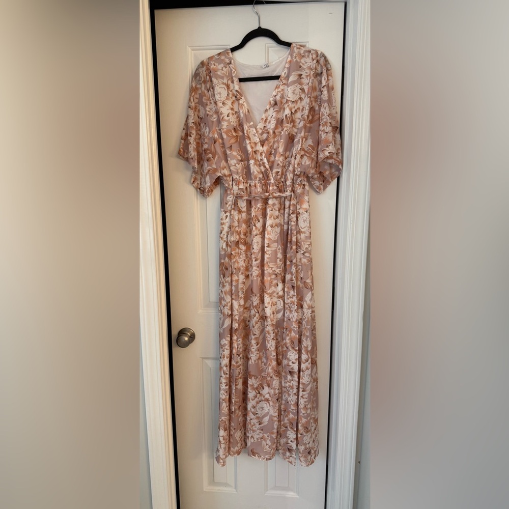 Pink Flutter Sleeve V-Neck Maxi Sundress